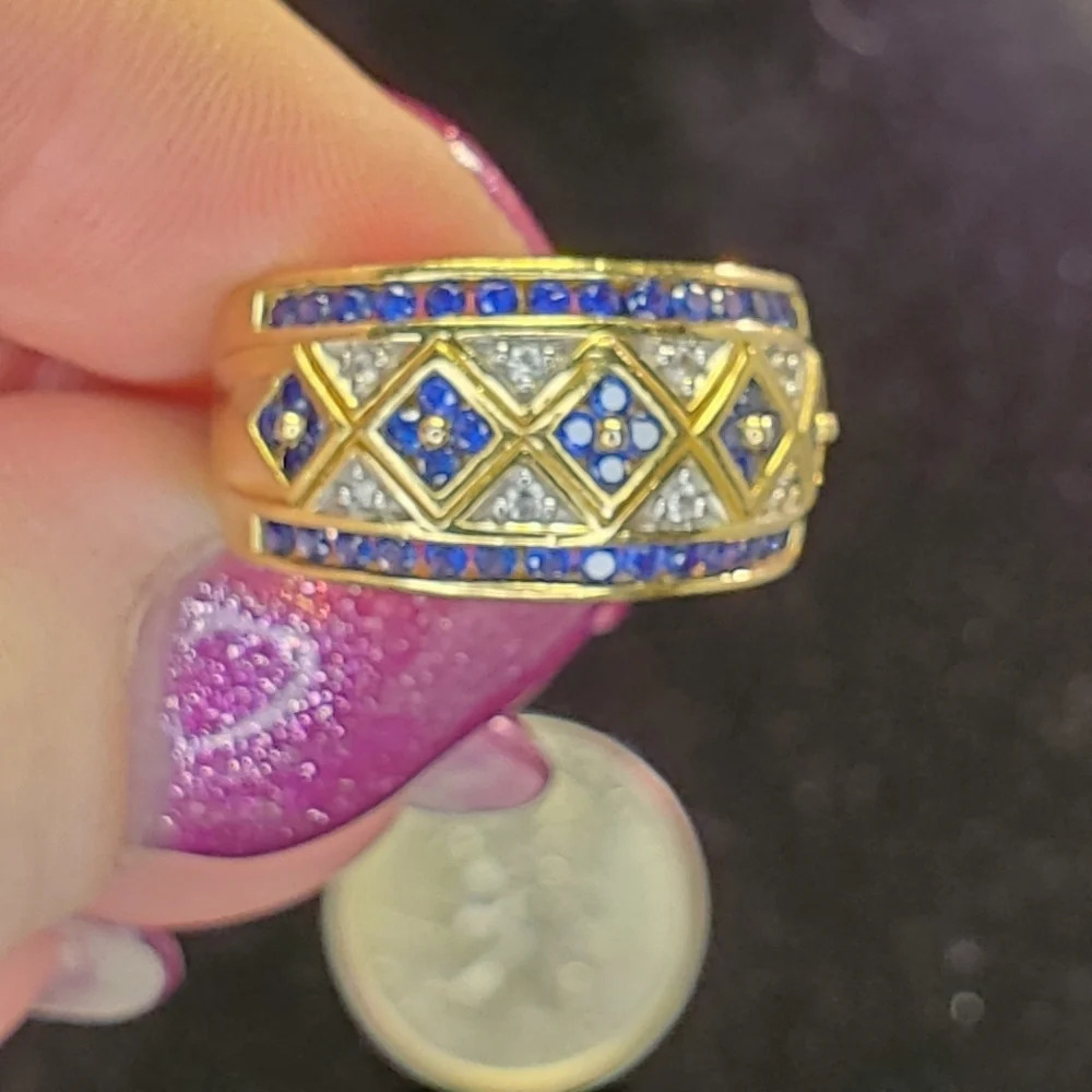 0224. Designed by SUN Jewelry 🌞 Lab Sapphires and Crystals 💍 w/14k Gold Finish - Picture 5 of 8